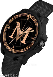 Welix Analog Round Black Dial ALPHABET M Design Stylish Black Rubber Strap Classic Design Fancy Wrist Watch for Men and Boys, Pack of 1 - ALPHA-M-3K-BLK-SFR