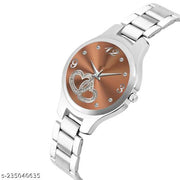 HRV Brown Double Heart Dial Metal Silver Belt Girls watch