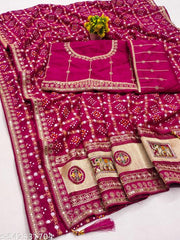 Women's Bandhani Printed Silk Box Embroidered Work Saree with Unstitched Blouse