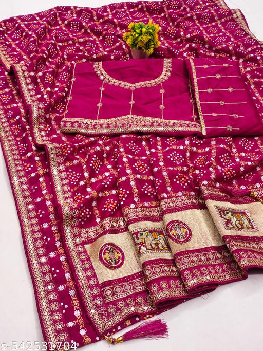 Women's Bandhani Printed Silk Box Embroidered Work Saree with Unstitched Blouse