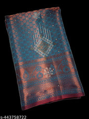 JR Handloom Mini Kundan Kanjeevaram Silk Saree with Copper Zari Work – Traditional and Trendy Design for Women and Girls – Perfect for Festive and Casual Wear