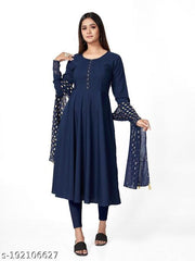 Polyster/Crepe fabric-Mahima Kurti & Dupatta set Blue
