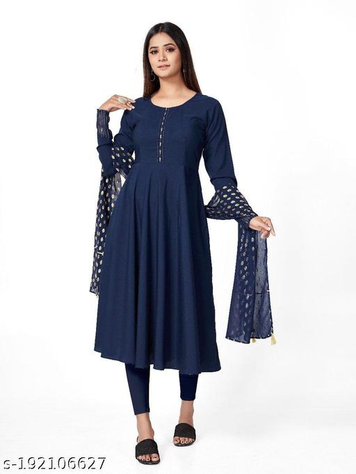 Polyster/Crepe fabric-Mahima Kurti & Dupatta set Blue
