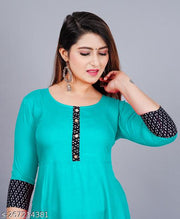 Stylist Women's Solid Printed Round Pleated Flared Kurti (Aqua Blue)