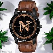 Natrix Analog Round Black Dial ALPHABET N Design Stylish Brown Leather Strap Classic Design Fancy Wrist Watch for Men and Boys, Pack of 1 - ALPHA-N-AVO-BLK-DBRW-CRL