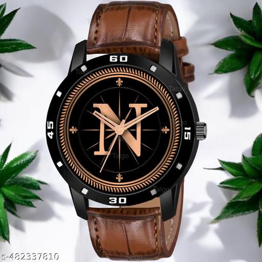 Natrix Analog Round Black Dial ALPHABET N Design Stylish Brown Leather Strap Classic Design Fancy Wrist Watch for Men and Boys, Pack of 1 - ALPHA-N-AVO-BLK-DBRW-CRL