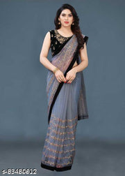 Women's Net Saree Kashvi Petite Sarees Embroidered Bollywood Net Saree with Blouse (Grey)|Women's Net Saree|