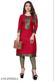 Yova Style Plain Regular Use Cotton Straight Golden Zari Border Woven Lace Work Kurta Kurti for Women