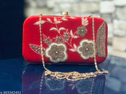 Women Stylish & Trendy Red Velvet Embroidery Clutch