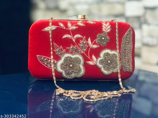 Women Stylish & Trendy Red Velvet Embroidery Clutch