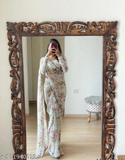 White Flower Printed Georgette Saree