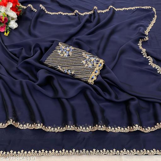 Women's Navy Blue Silk Saree with Heavy Floral Sequin Embroidered Blouse and Cutwork Border
