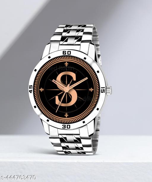 Gadgets WorldAnalog Round Black Dial ALPHABET S Design Stylish Silver Stainless Steel Strap Classic Design Fancy Wrist Watch for Men and Boys, Pack of 1 - ALPHA-S-AVO-SIL-STL