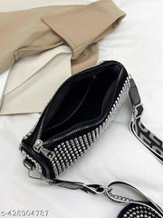 Rhinestone Exotic Decor Bag with Detacheable Shoulder Strap Crossbody Broad Sling Belt with Coin Purse for Girls & Women Black