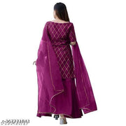 Eshanay Fashion Women's Beautiful Rayon Printed Round Neck Kurta And Sharara With Net Dupatta Set