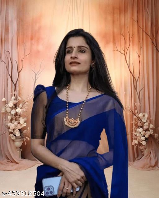 chiffon Saree with running Blouse Navy Blue Colour for Women and Girls