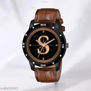 Natrix Analog Round Black Dial ALPHABET S Design Stylish Brown Leather Strap Classic Design Fancy Wrist Watch for Men and Boys, Pack of 1 - ALPHA-S-AVO-BLK-DBRW-CRL