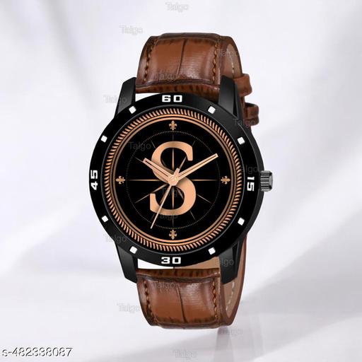 Natrix Analog Round Black Dial ALPHABET S Design Stylish Brown Leather Strap Classic Design Fancy Wrist Watch for Men and Boys, Pack of 1 - ALPHA-S-AVO-BLK-DBRW-CRL