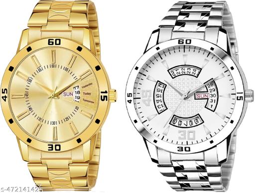 Day n Date Men Stylish Analog Latest Watches Combo - Set of 2 - GOLD-20-AND-SLV-22