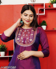 Neha Purple New Stylish ArtSilk Round Neack with Emrodery work  Kurti for Women