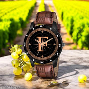 Femeo  Analog 9109 Watches Round Black Dial F Design Stylish Brown Leather Strap Classic Design Fancy Wrist Watch for Men and Boys, Pack of 1 - A07ZALPHA-F-AVO-BLK-BRW-CHL