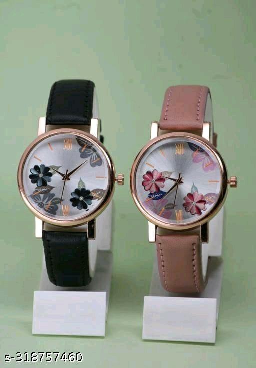 SHREE GORGEOUS FLOWER DESING LATHER ANALOG WATCH FOR GIRLS AND WOMEN COMBO (PACK OF 2)
