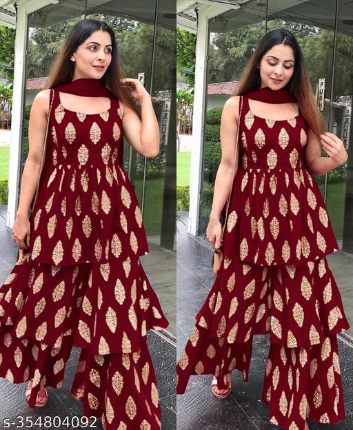 New Gorgeous Sharara MAROON Rayon Fabric Kurti With Net Dupatta For Occasional/Daily Wear