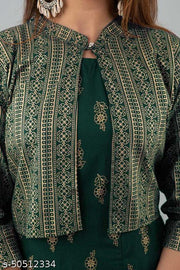 Women Printed A-line Kurti with Jacket  (Green)