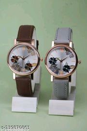 GORGEOUS FLOWER DESING LATHER ANALOG WATCH FOR GIRLS AND WOMEN COMBO (PACK OF 2)