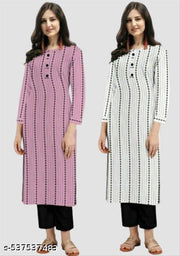 Pack Of 2 Women's Kurti Elegant White & Pink Lining Cotton Printed Ready To Wear Office , Party , Casual Fashionable And Comfortable