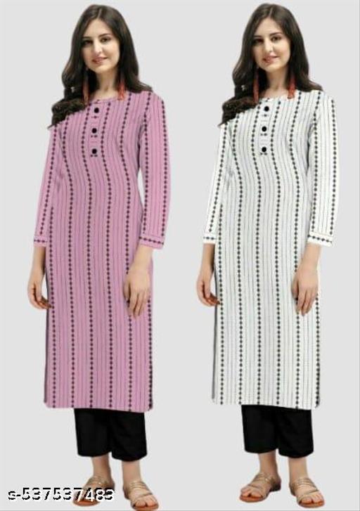 Pack Of 2 Women's Kurti Elegant White & Pink Lining Cotton Printed Ready To Wear Office , Party , Casual Fashionable And Comfortable