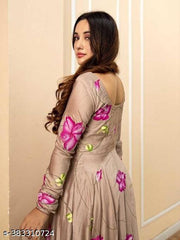 Eshanay Fashion Women's Georgette Flower Printed Straight Gown with Dupatta Set