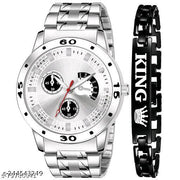 SLIVER DIAL WITH STEEL & MATT FINISH BLACK  KING BRACELET ANALOG WATCH  - FOR BOYS