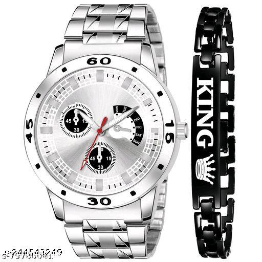 SLIVER DIAL WITH STEEL & MATT FINISH BLACK  KING BRACELET ANALOG WATCH  - FOR BOYS