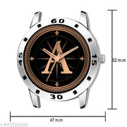 Prathshya Analog Round Black Dial ALPHABET A Design Stylish Black Leather Strap Classic Design Fancy Wrist Watch for Men and Boys, Pack of 1 - ALPHA-A-AVO-SIL-BLK-L