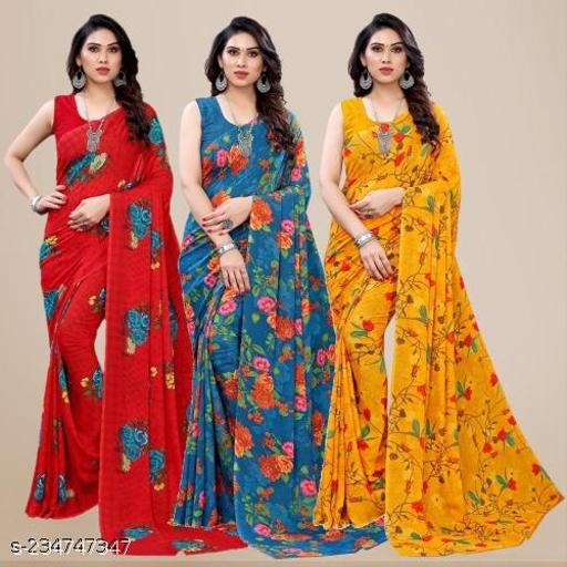 Kanooda Prints Fancy Georgette Printed Saree (Pack Of 3)