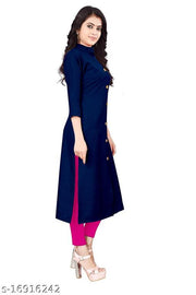 HF HOLYDAY FASHION Cotton Plain and Solid Wooden Button Straight Style Kurti Kurta For Women Latest Design Ladies Dresses Top Collar Neck Frontslit Stylish Party Wear Readymade Fancy Girls Dress Tops 3/4 Sleeve Calf Length Casual Front Slit Kurtis