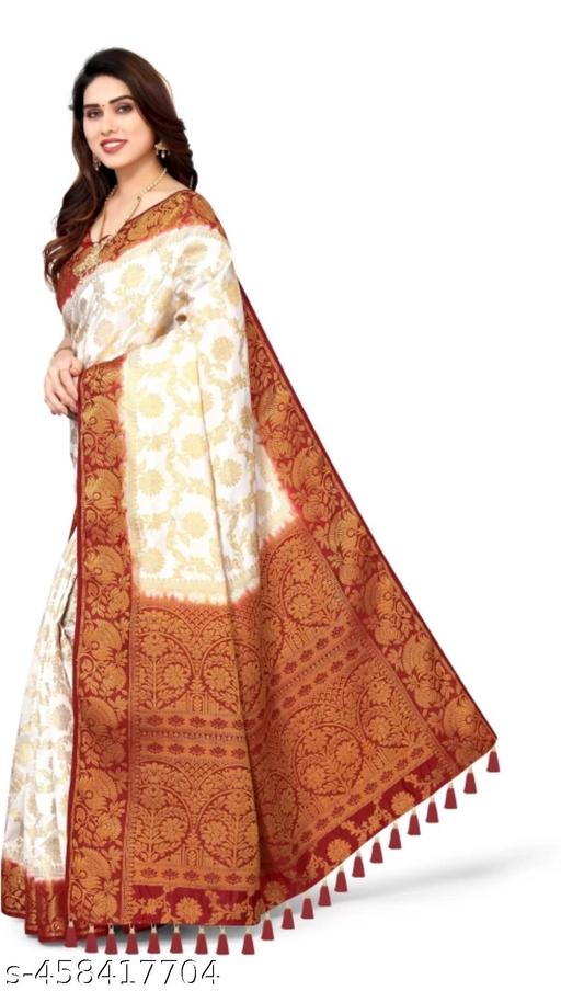 NEW BANARASI SILK SAREE WITH UNSTICHED TASSELS & LATKAN