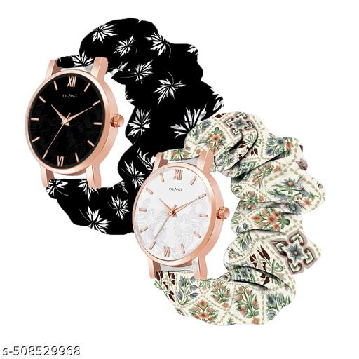 Scrunchie Bands Watch for Women & Girls Scrunchies Watch Classic Flower Dial & Unique Scrunchies Watches Strap Cloth Soft Pattern Solid Fabric Wristband Watch Combo Pack of 2