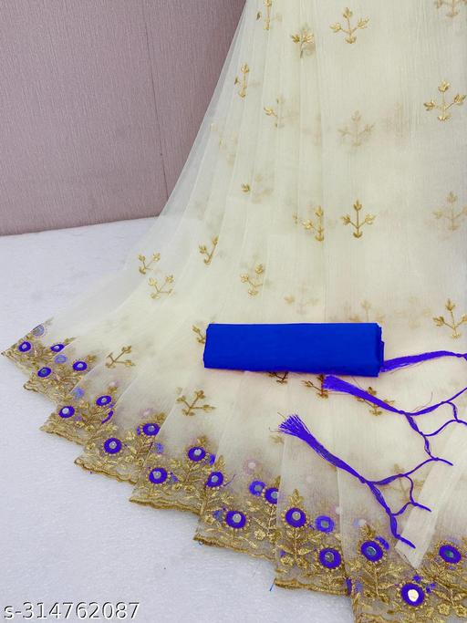 Designer Net Mirror Embroidery Saree with Floral Border and Contrast Blouse