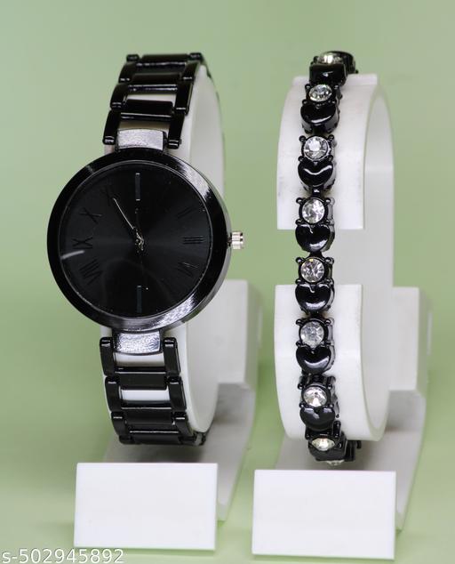 New Arrivals Festive Seasonal Stylish Throns Fit Round Ad Solid Gold Dial Metal Chain Belt Analog Watch with Attractive Diamond Studded Bracelet Combo for Women & Girls.
