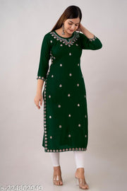 Women's Rayon Dark Green Embroidered  Straight Kurti For festive/Wedding Wear