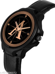 Welix Analog Round Black Dial ALPHABET A Design Stylish Black Leather Strap Classic Design Fancy Wrist Watch for Men and Boys, Pack of 1 - ALPHA-A-3K-BLK-L