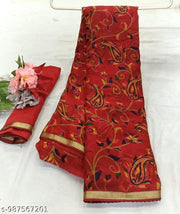 Daily Wear Red  Georgette Lace Border Saree With Unstitched Blouse Piece