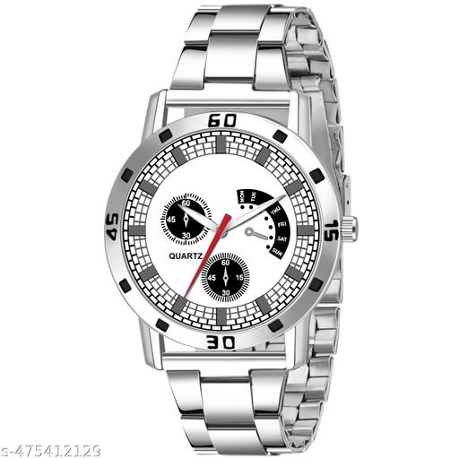 Trendy Steel Round Silver Dial Analog Wrist Watch For Men and Boys
