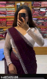 hot fix beautiful designer party wear georgette saree with all over heavy beads work and white colour heavy sequence blouse