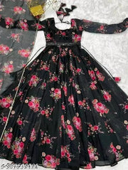 Flower Printed Long Gown with Dupatta (No Bottomwear)
