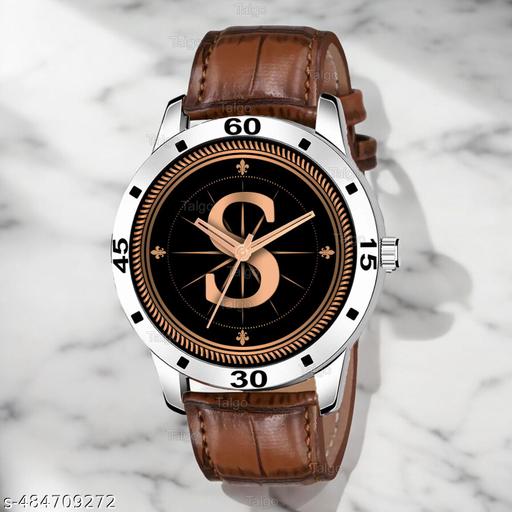 Talgo Analog Round Black Dial ALPHABET S Design Stylish Brown Leather Strap Classic Design Fancy Wrist Watch for Men and Boys, Pack of 1 - ALP-S-AVO-SIL-DBRW-CRL