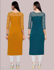 Pack of 1 Casual American Crepe And Net Round-Neck 3/4 Length Sleeves Yellow & Rama Kurti (42"Inches)