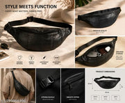Stylish Black Leather Waist Bag / Crossbody Sling Bag